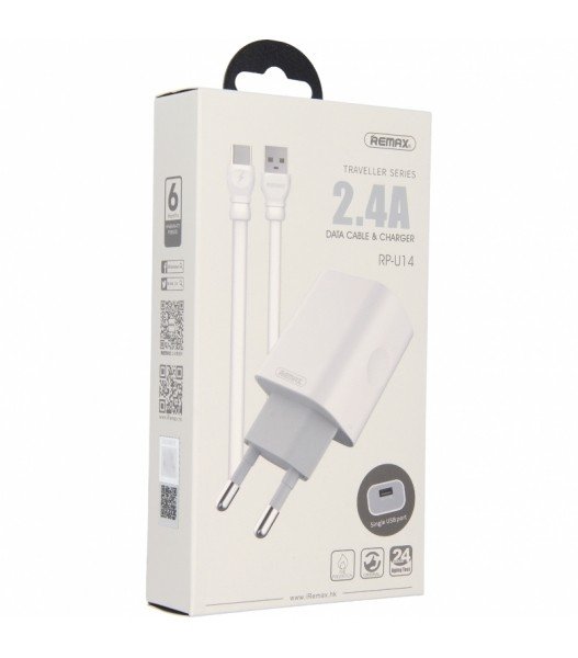 Сетевое зарядное устройство с кабелем Type-C Remax Single USB 2.4A Travel charger with 1M Type-C cable 