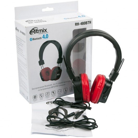 Гарнитура RITMIX RH-480BTH, красный, Bluetooth 4.0, mp3-плеер.FM-радио . подключаемый кабель. (1/40) 