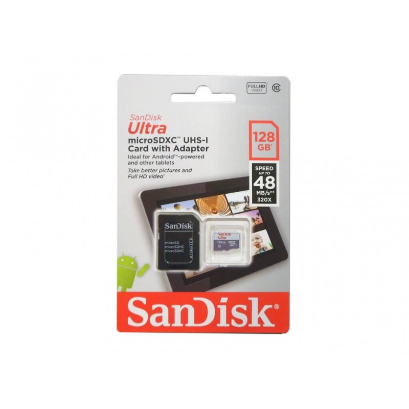 Карта памяти MicroSD  128GB  SanDisk Class 10 Ultra (80 Mbs) + SD адаптер 