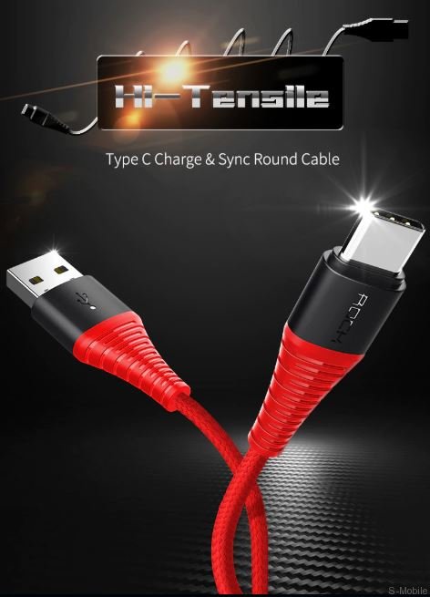 Rock Hi-Tensile Type C 3A Charge & Sync round Cable Type C Black 