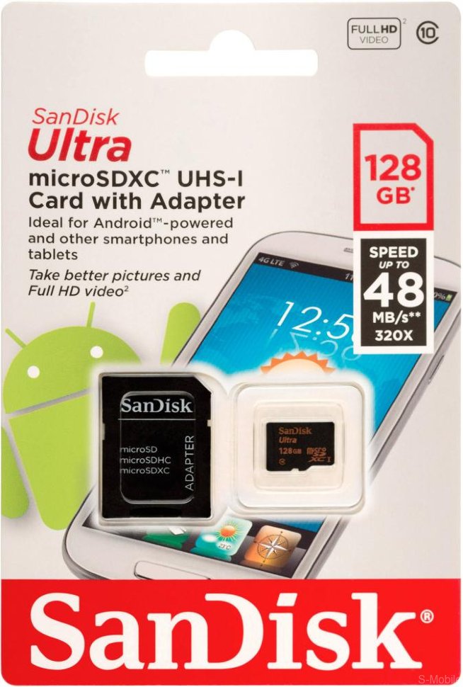 Карта памяти MicroSD  128GB  SanDisk Class 10 Ultra (48 Mb/s) + SD адаптер 
