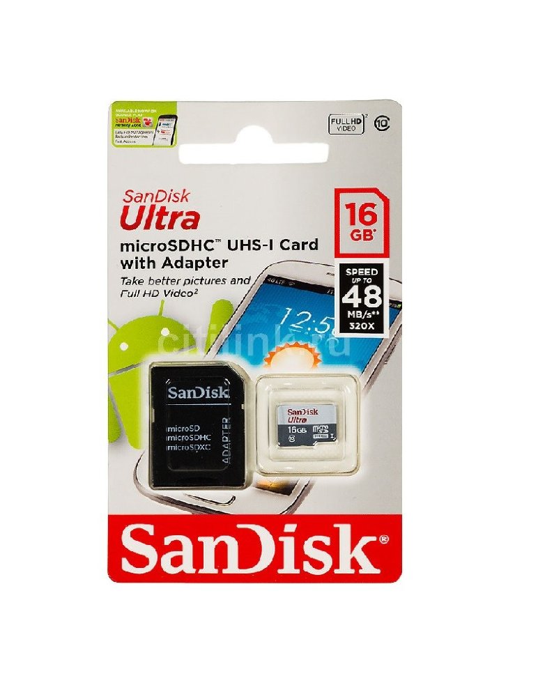 Карта памяти MicroSD  16GB  SanDisk Class 10 Ultra Android UHS-I (80 Mb/s) + SD адаптер 