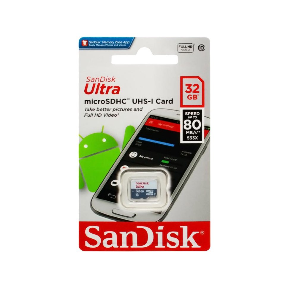 Карта памяти MicroSD  32GB  SanDisk Class 10 Ultra Android (80 Mb/s) + SD адаптер 