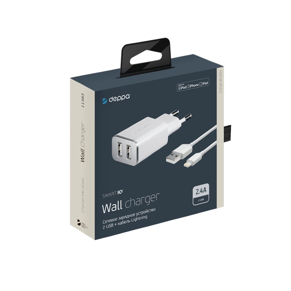 Сетевое зарядное устройство Deppa 2 USB 2.4А,  8-pin для Apple, MFI 