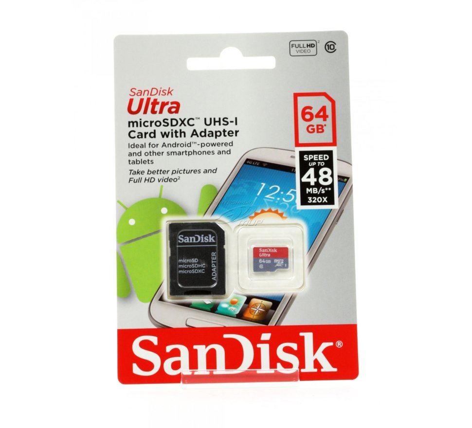 Карта памяти MicroSD  64GB  SanDisk Class 10 Ultra Android UHS-I  (48 Mbs) + SD адаптер 