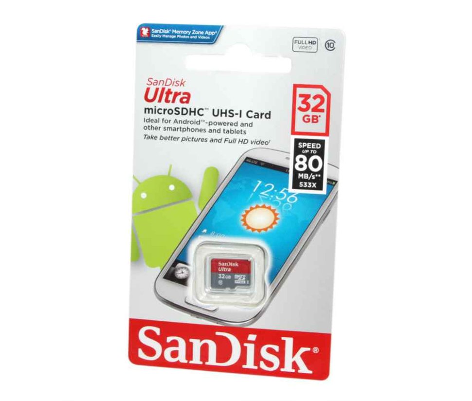 Карта памяти MicroSD  32GB  SanDisk Class 10 Ultra UHS-I (80 Mbs) без адаптера 