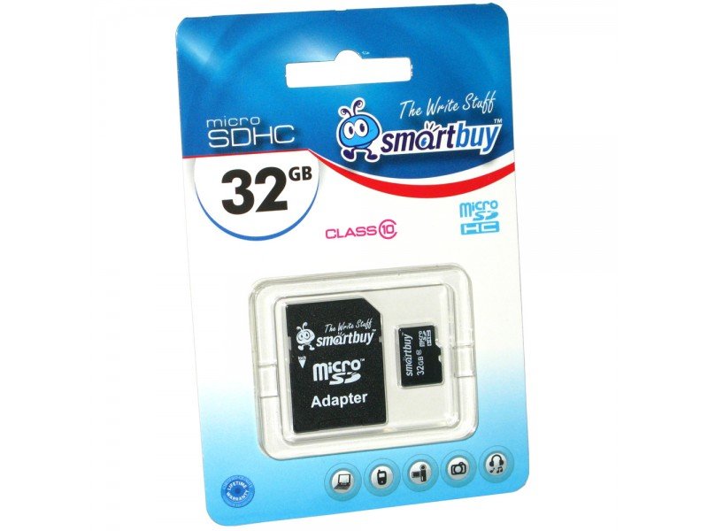 Карта памяти MicroSD  32GB  Smart Buy Сlass 10 + SD адаптер 